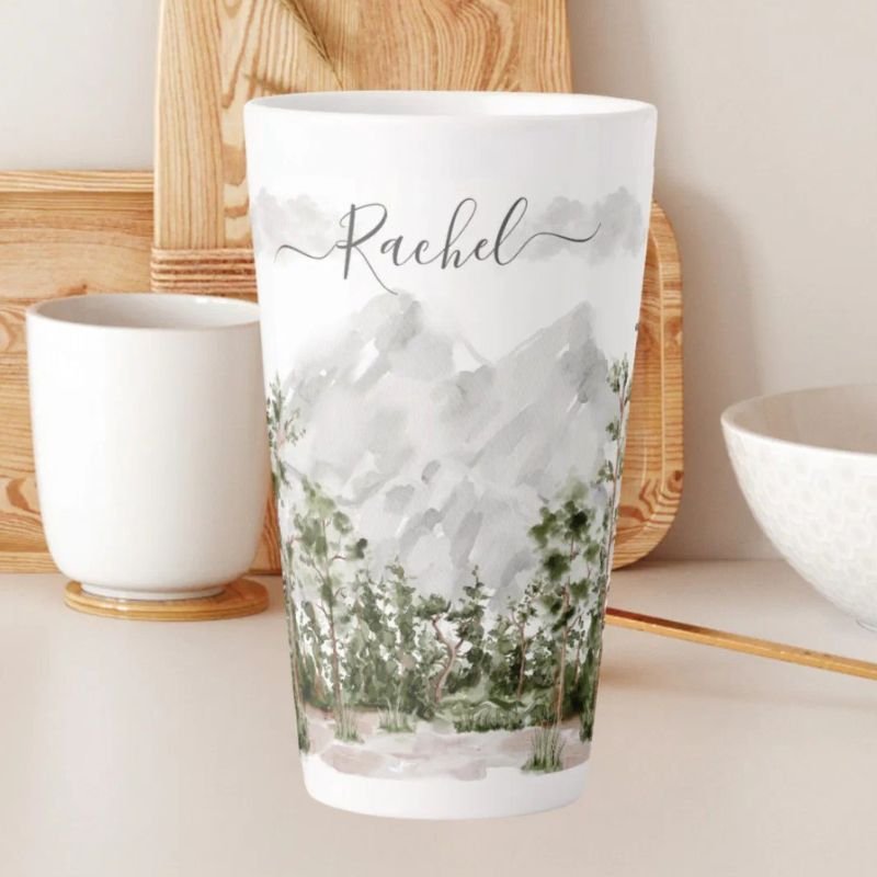 Monogrammed Watercolor Mountain and Forest Latte Mug