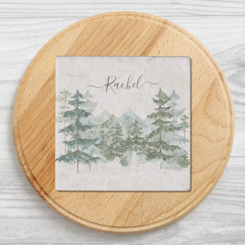 Watercolor Pine Forest and mountain Rustic Stone Magnet