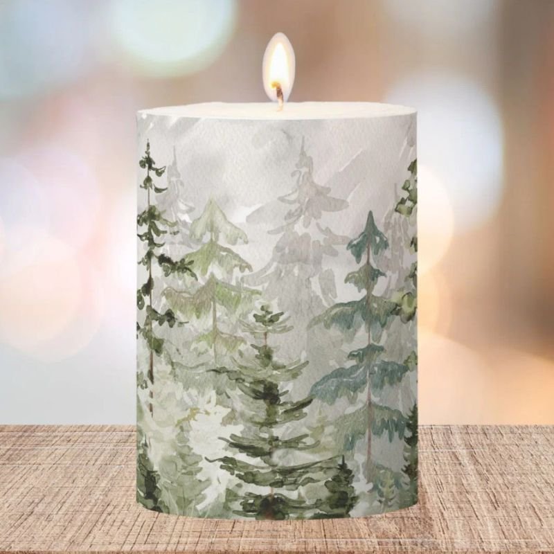 Watercolor Green Pine Forest on Mountain Pillar Candle