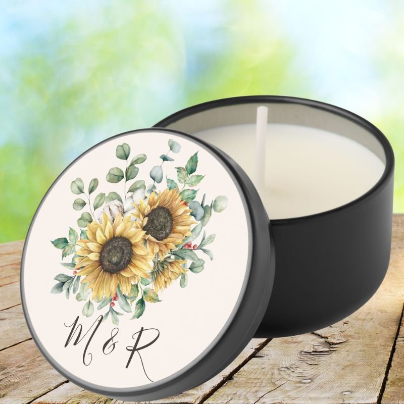 Monogrammed Watercolor Rustic Sunflower Wedding Mini Candle Favors