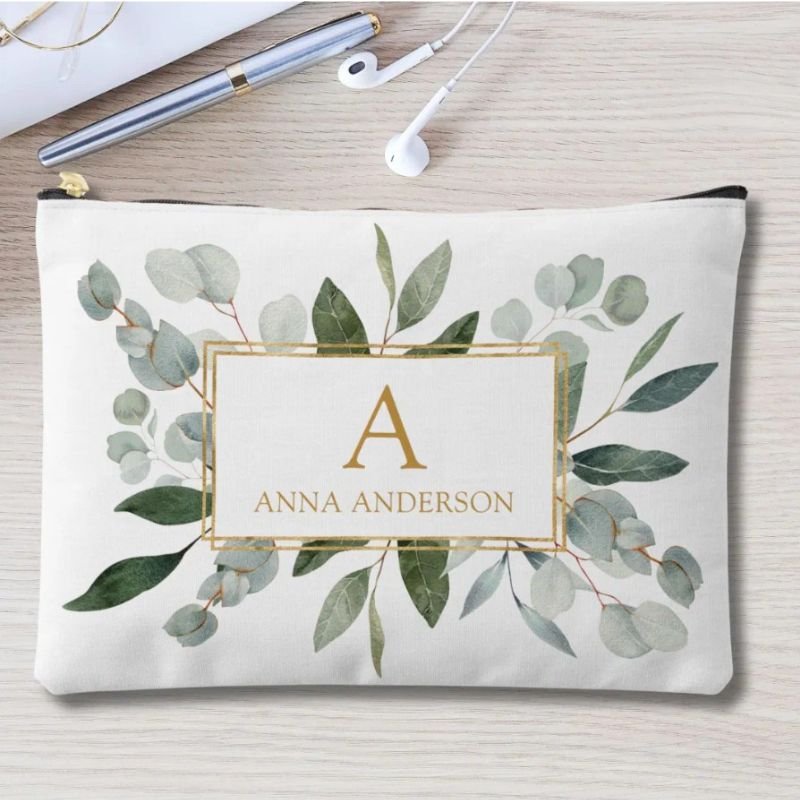 Monogram Watercolor Tropical Green Leaves Accessory Pouch