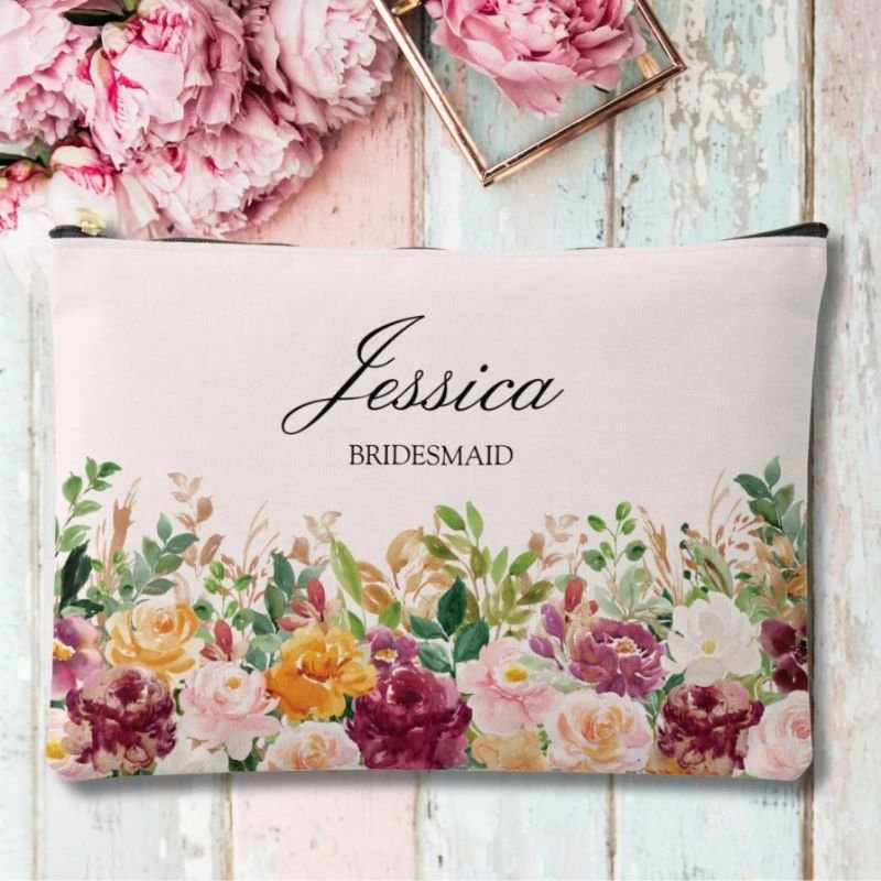 Elegant Monogram Watercolor Rose Flower Bridesmaid Accessory Pouch