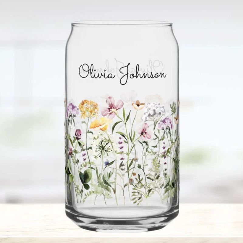Personalized Name Wildflower Garden Can Glass