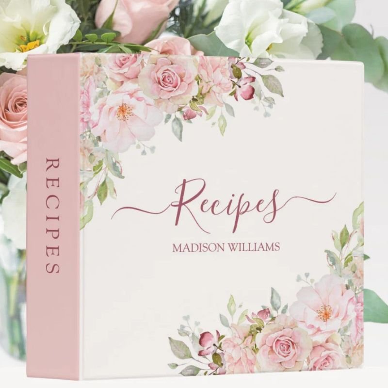 Blush Pink Rose Flower Floral Family Cook Recipe 3 Ring Binder