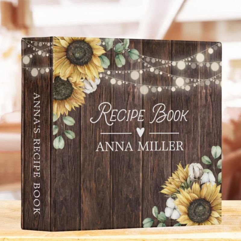 Rustic Sunflower Eucalyptus Wood Recipe Cookbook 3 Ring Binder