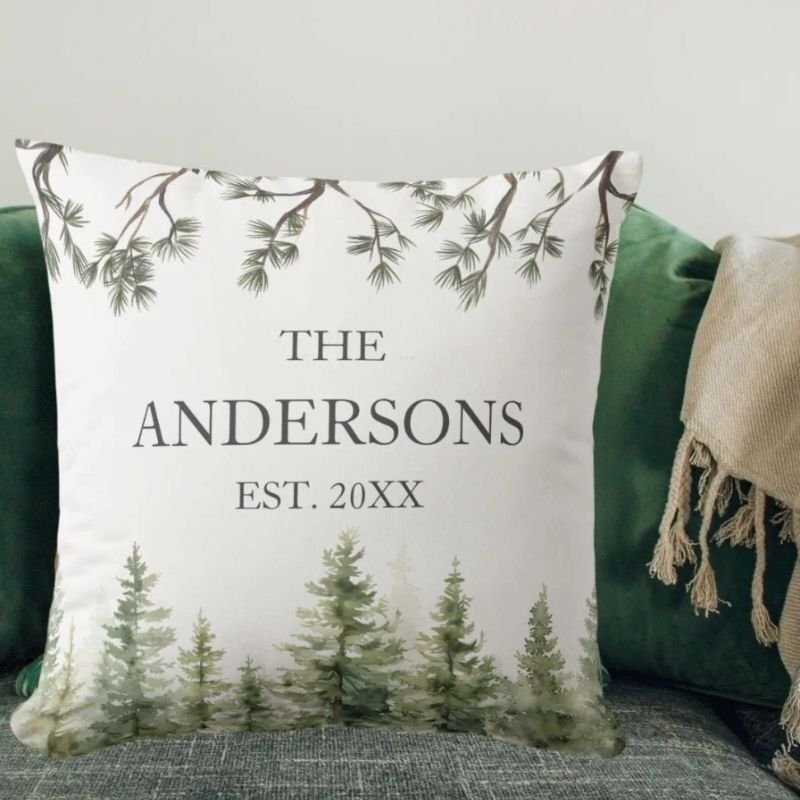 Monogram Watercolor Rustic Pine Trees and Branches Throw Pillow