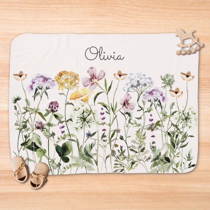 Monogrammed Watercolor Colorful Wildflower Garden Baby Blanket