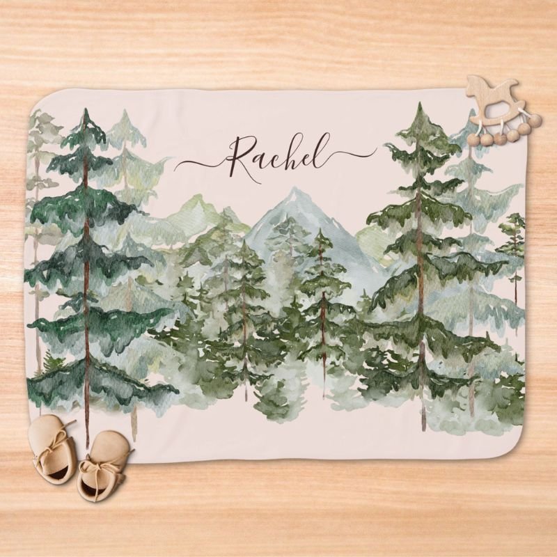 Watercolor Pine Forest and mountain Aesthetic Baby Blanket