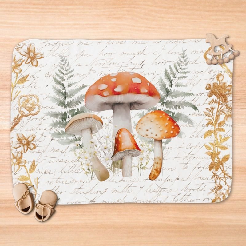 Whimsical Forest Mushroom Vintage letter Farmhouse Baby Blanket