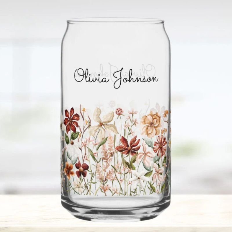 Personalized Watercolor Vintage Wildflower Floral Can Glass
