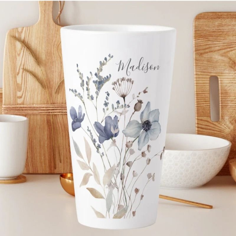 Monogrammed Chic Pretty Watercolor Blue Floral Latte Mug
