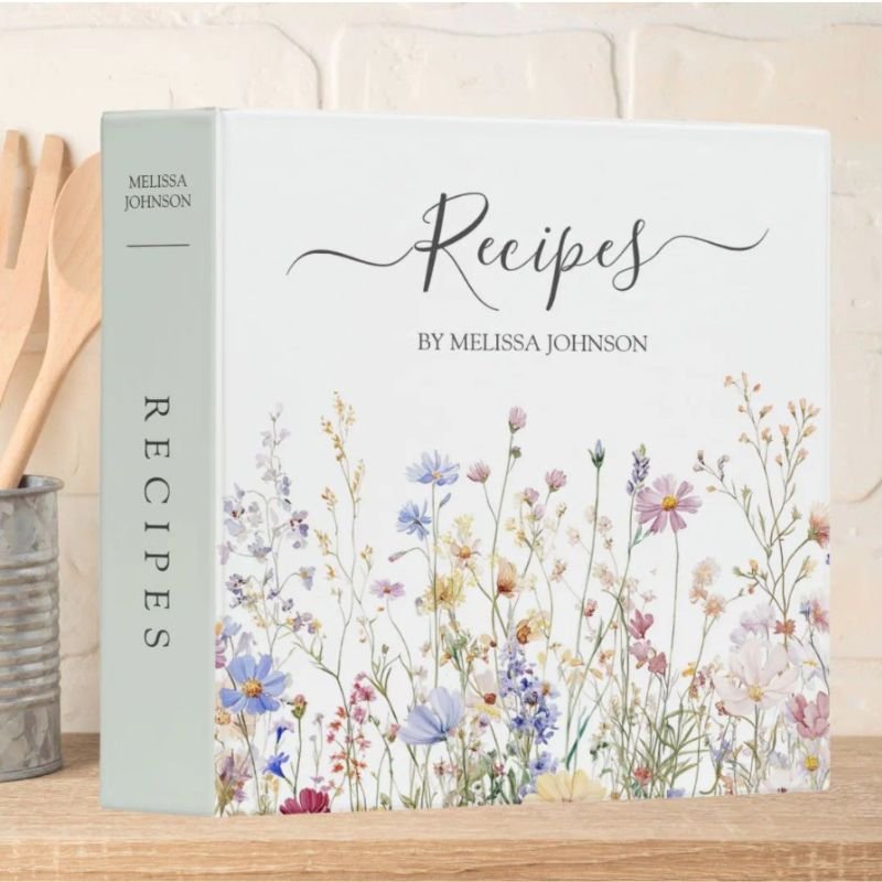 Elegant Watercolor Rustic Wildflower Field Recipe 3 Ring Binder