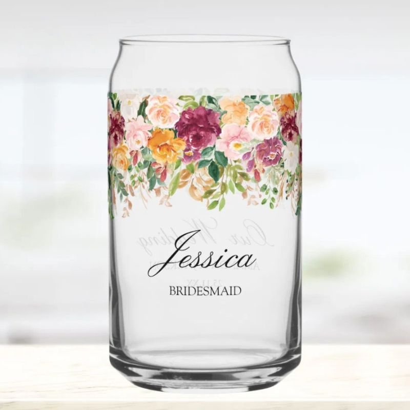 Elegant Monogram Rose Garden Floral Bridesmaid Can Glass
