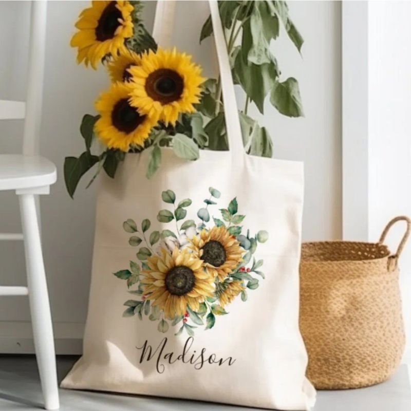 Monogrammed Watercolor Vintage Rustic Sunflower Tote Bag