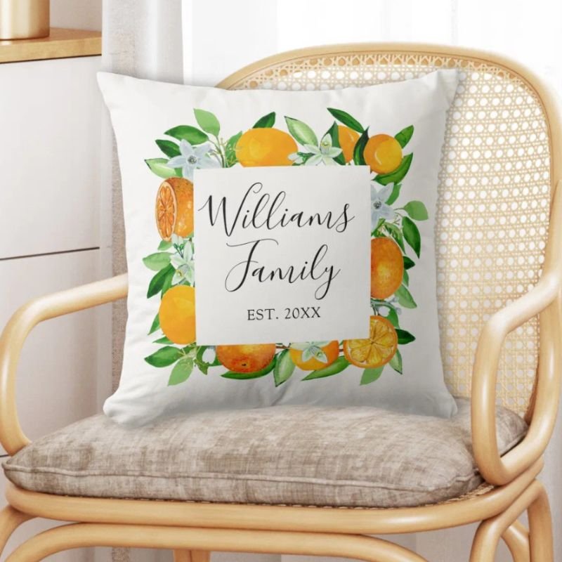 Orange Fruits and Flowers Summer Floral botanical Throw Pillow