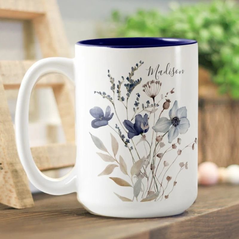 Monogrammed Chic Pretty Watercolor Blue Floral Two-Tone Coffee Mug