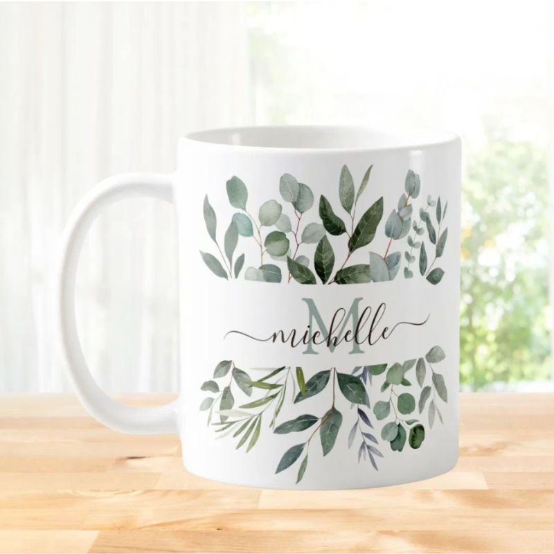 Monogram Sage Green Eucalyptus Greenery Leaves Coffee Mug