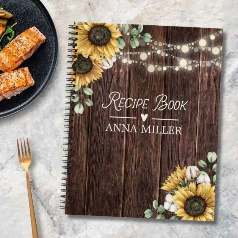 Rustic Sunflower Eucalyptus Wood Recipe Cookbook Notebook