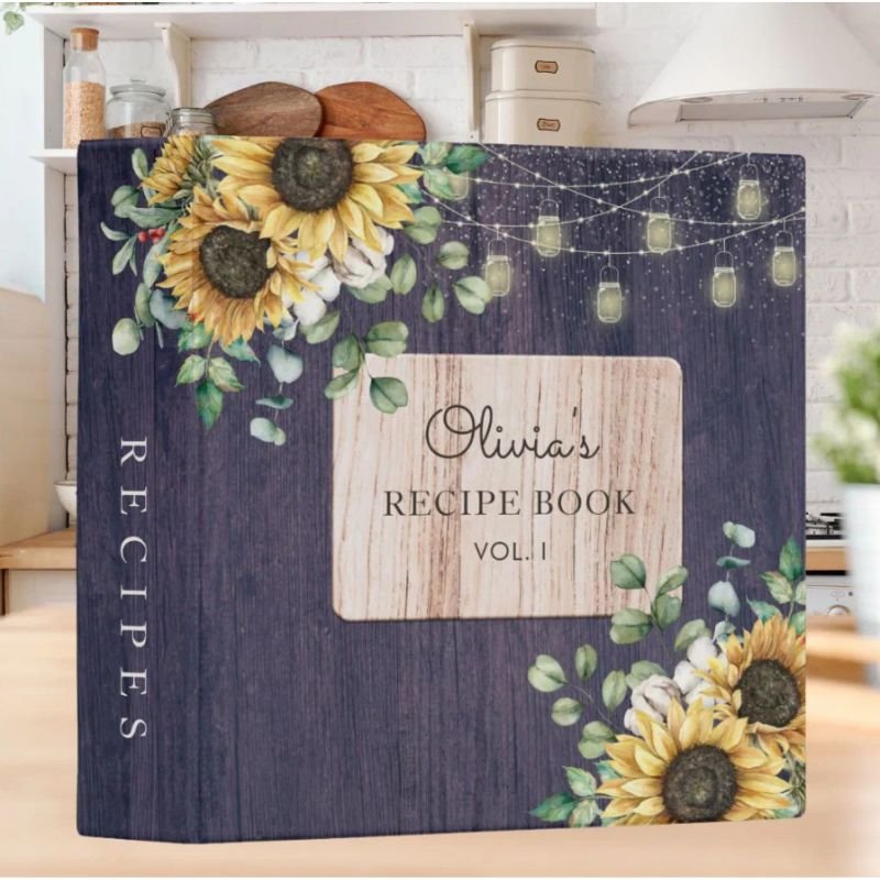 Rustic Sunflower Wood String Light Recipe Cookbook 3 Ring Binder