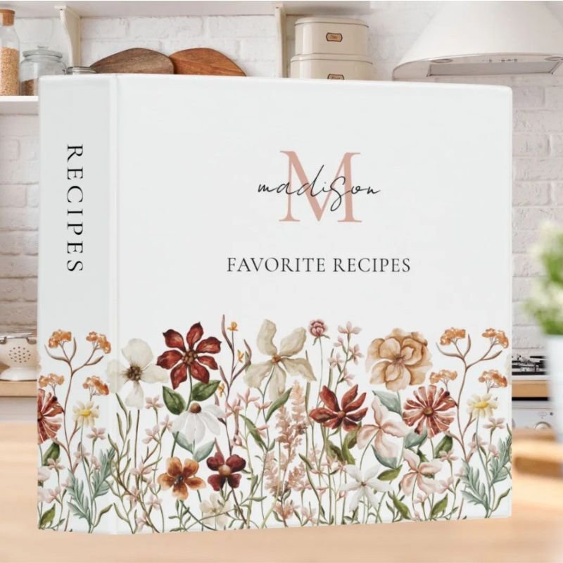 Monogrammed Vintage Wildflower Recipe Cookbook 3 Ring Binder