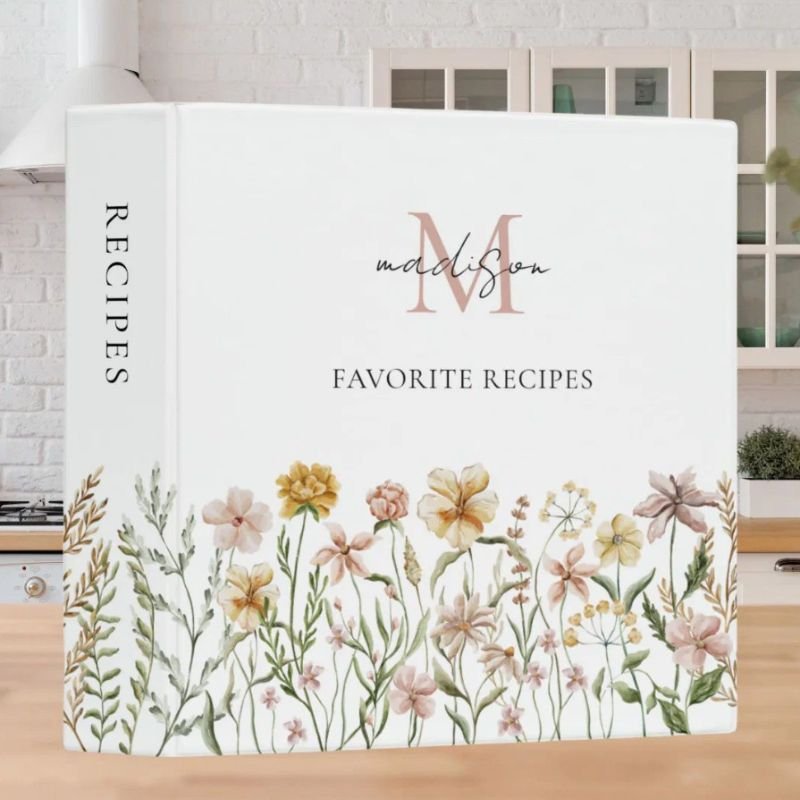 Monogrammed Watercolor Wildflower Recipe Cookbook 3 Ring Binder