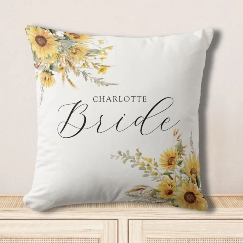 Elegant Rustic Watercolor Sunflower Floral Bride Throw Pillow