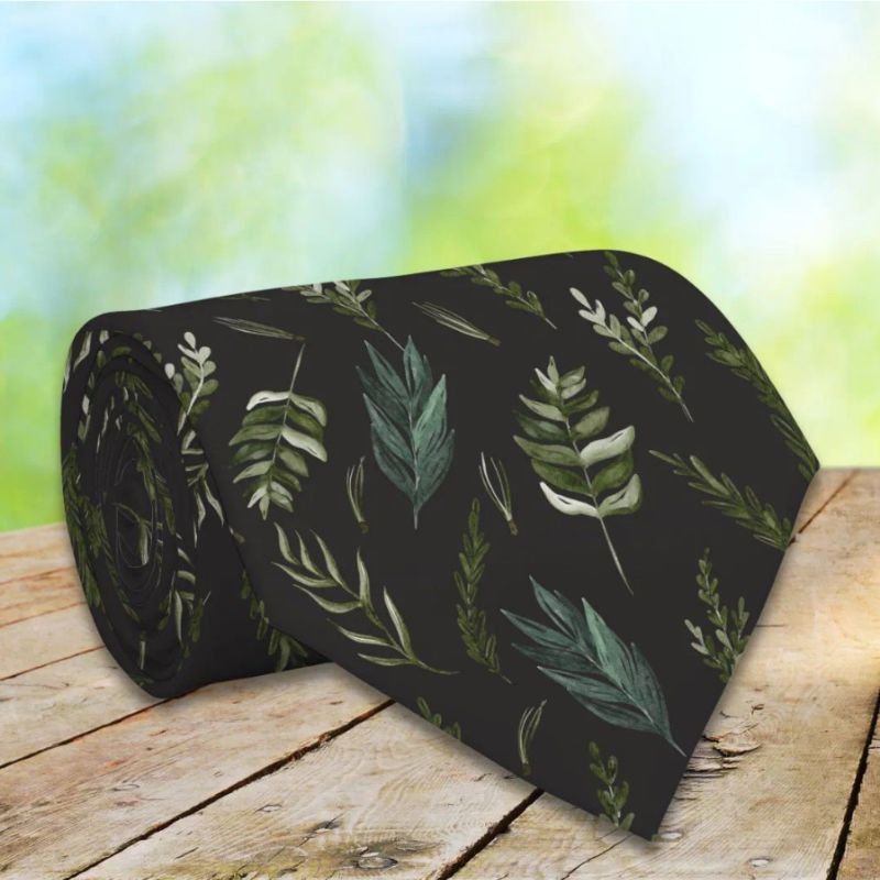 Green Leaves Botanical Pattern Neck Tie