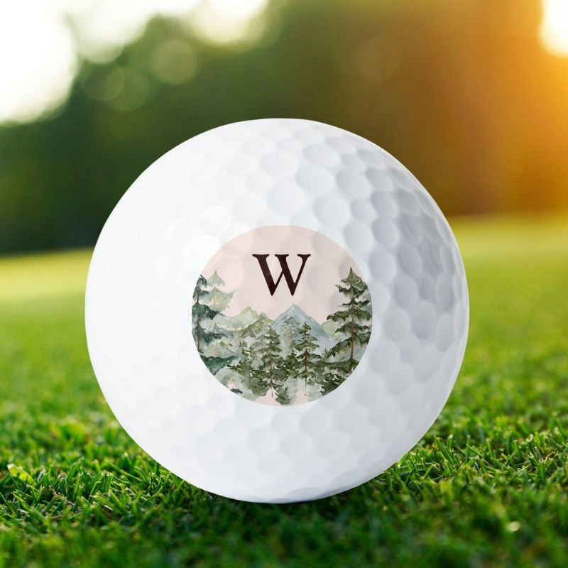 Monogram Watercolor Pine Forest & Mountain Rustic Golf Balls