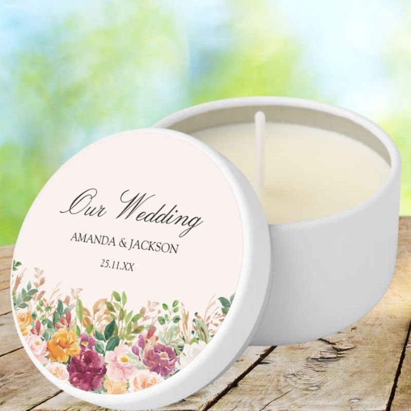 Elegant Calligraphy Watercolor Rose Flower Wedding Mini Candle Favors