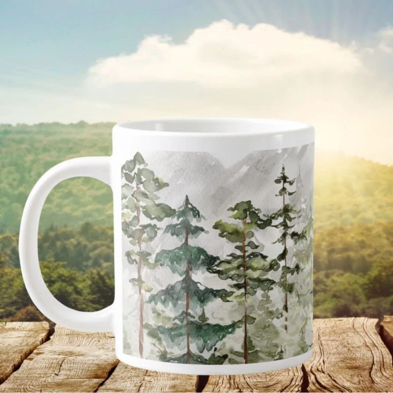 Watercolor Green Pine Forest on Mountain Giant Coffee Mug