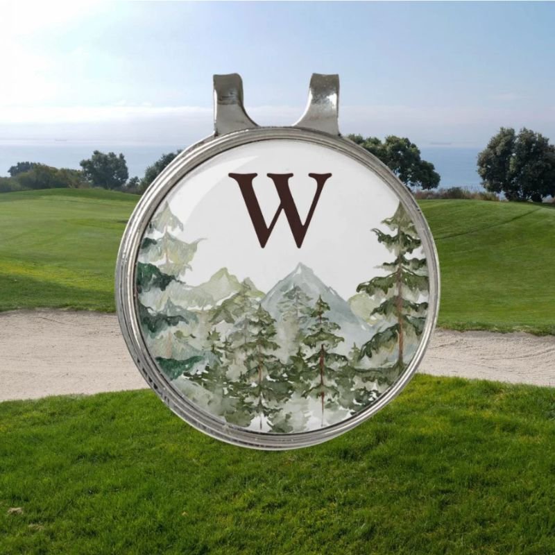 Monogram Watercolor Pine Forest & Mountain Rustic Golf Hat Clip