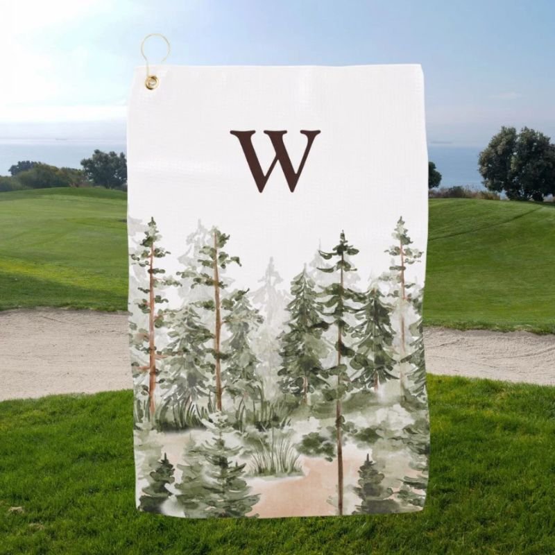 Monogram Watercolor Rustic Green Forest Golf Towel