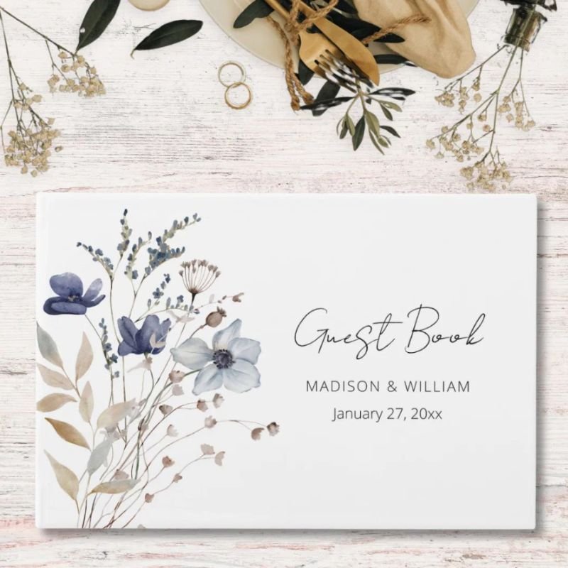 Elegant Navy Blue Flower Bouquet Floral Wedding Guest Book