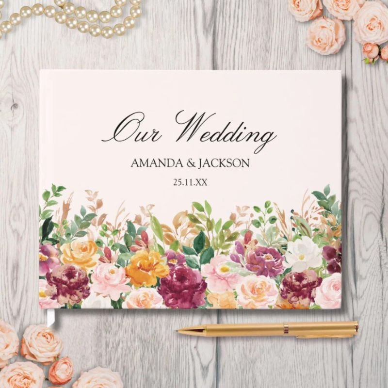 Elegant Watercolor Rose Flower Floral Wedding Guest Book