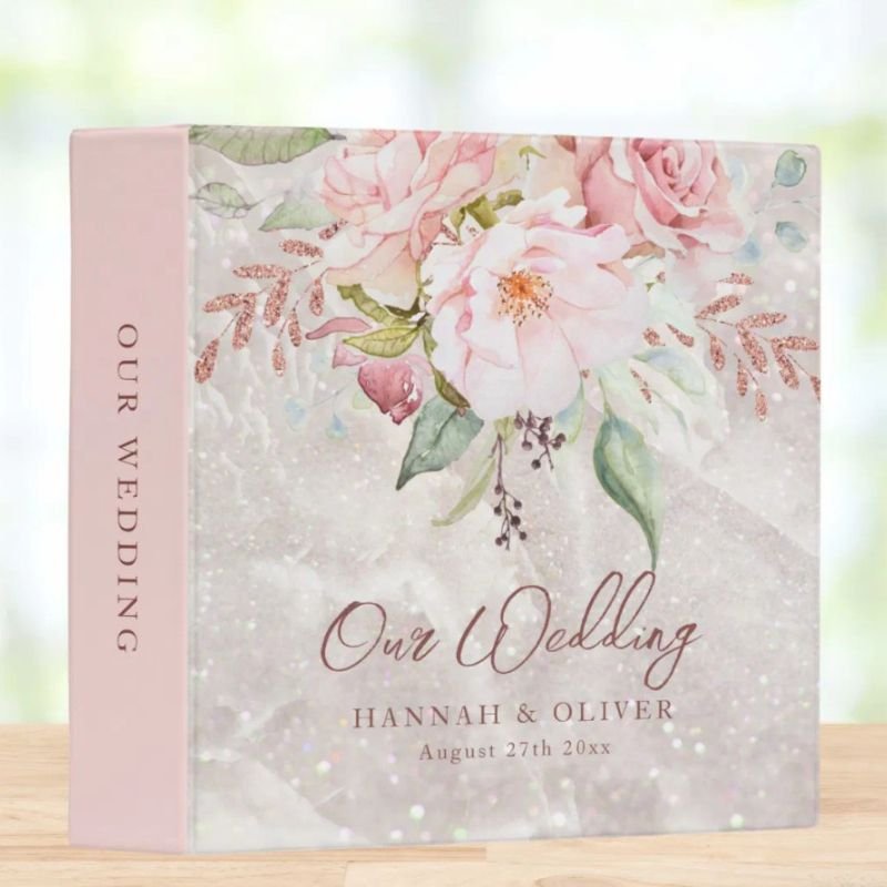 Elegant Pink Rose Peony Floral Wedding Album 3 Ring Binder