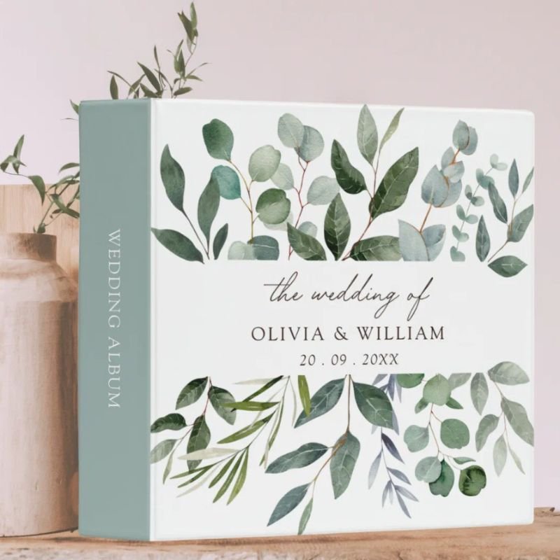 Sage Green Eucalyptus Greenery Leaf Wedding Album 3 Ring Binder