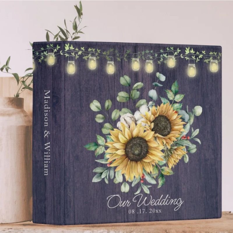Rustic Sunflower Wood String Light Wedding Album 3 Ring Binder
