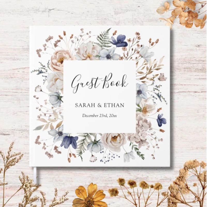 Elegant Pretty Beige Blue Flowers Floral Wedding Guest Book