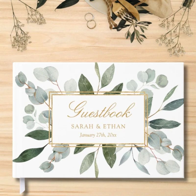 Watercolor Tropical Green Eucalyptus Leaves Guest Book