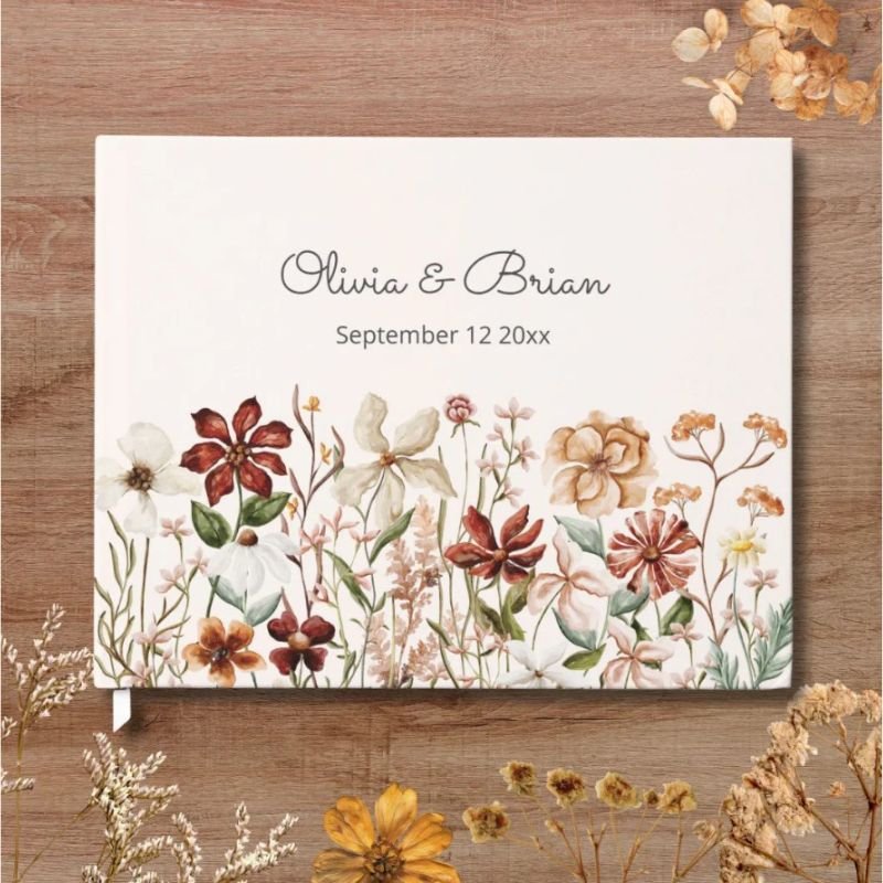 Personalized Watercolor Vintage Wildflower Meadow Guest Book