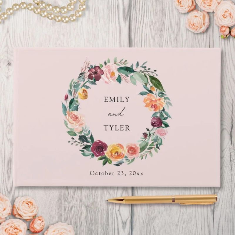 Fall Autumn Rose Flower Floral Wreath Wedding Guest Book