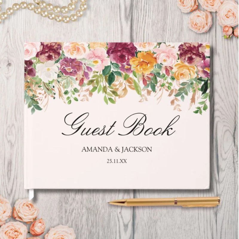 Elegant Watercolor Rose Garden Floral Wedding Guest Book