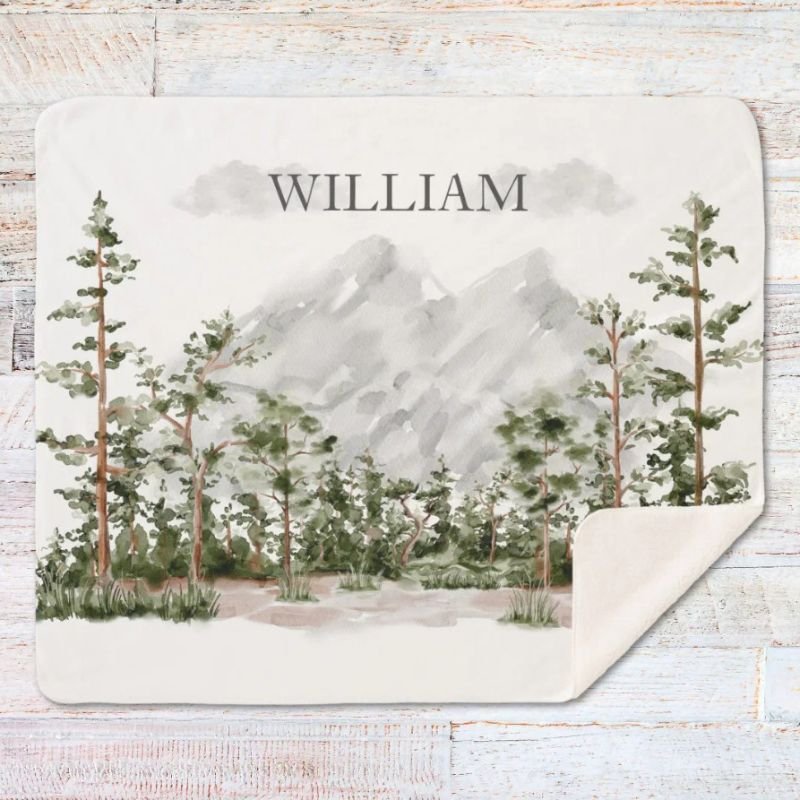 Monogrammed Watercolor Mountain and Forest Sherpa Blanket