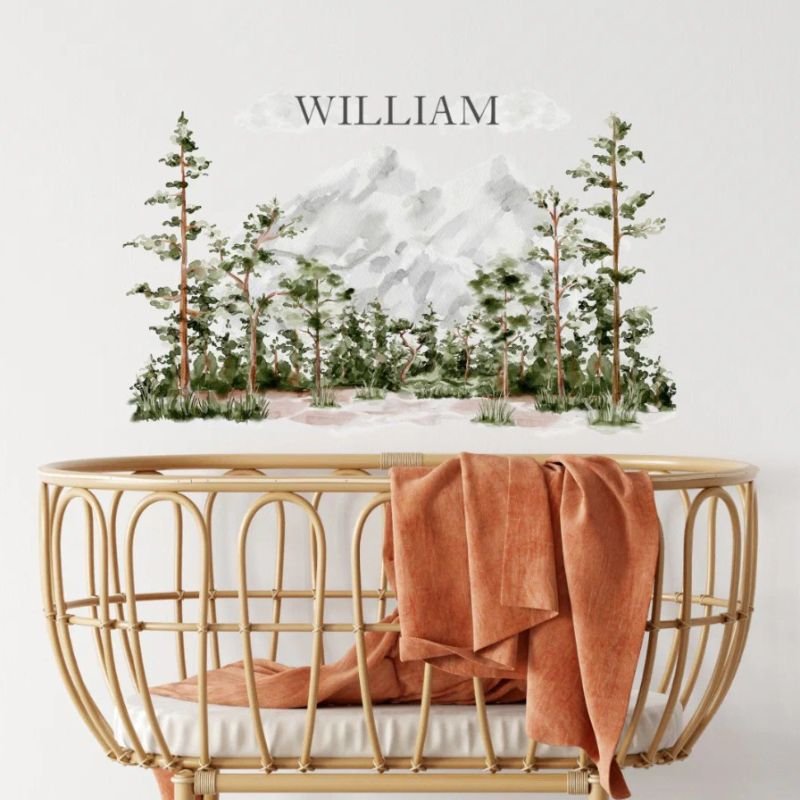Monogrammed Watercolor Mountain and Forest Nursery Wall Decal
