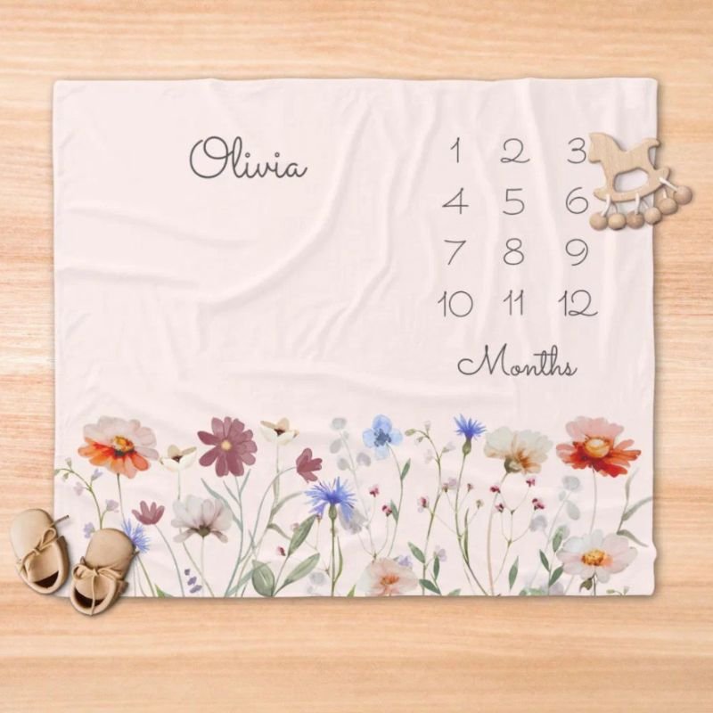 Monogram Watercolor Wildflower Milestone Baby Fleece Blanket