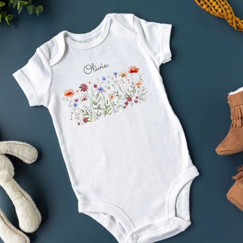 Monogram Watercolor Colorful Wildflower Meadow Baby Bodysuit
