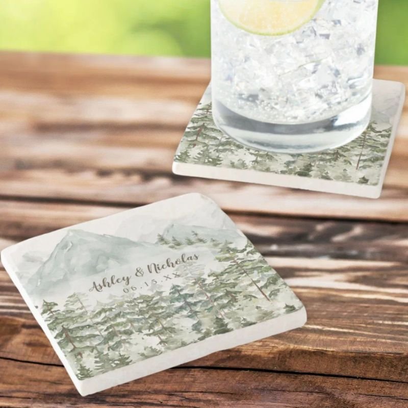 Forest and Mountain Nature Watercolor Stone Coaster