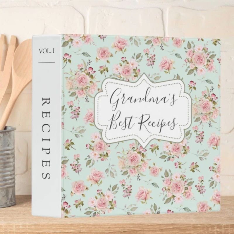 Watercolor Pink Rose Flowers Floral Grandma Recipe 3 Ring Binder