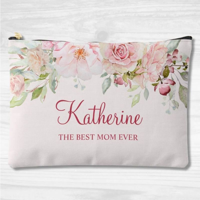 Pastel Pink Rose Flower Floral The Best Mom Ever Accessory Pouch