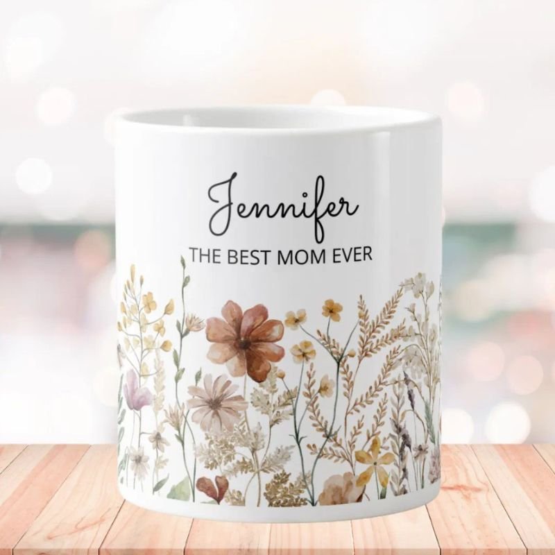 Monogram Best Mom Watercolor Wildflower Floral Giant Coffee Mug
